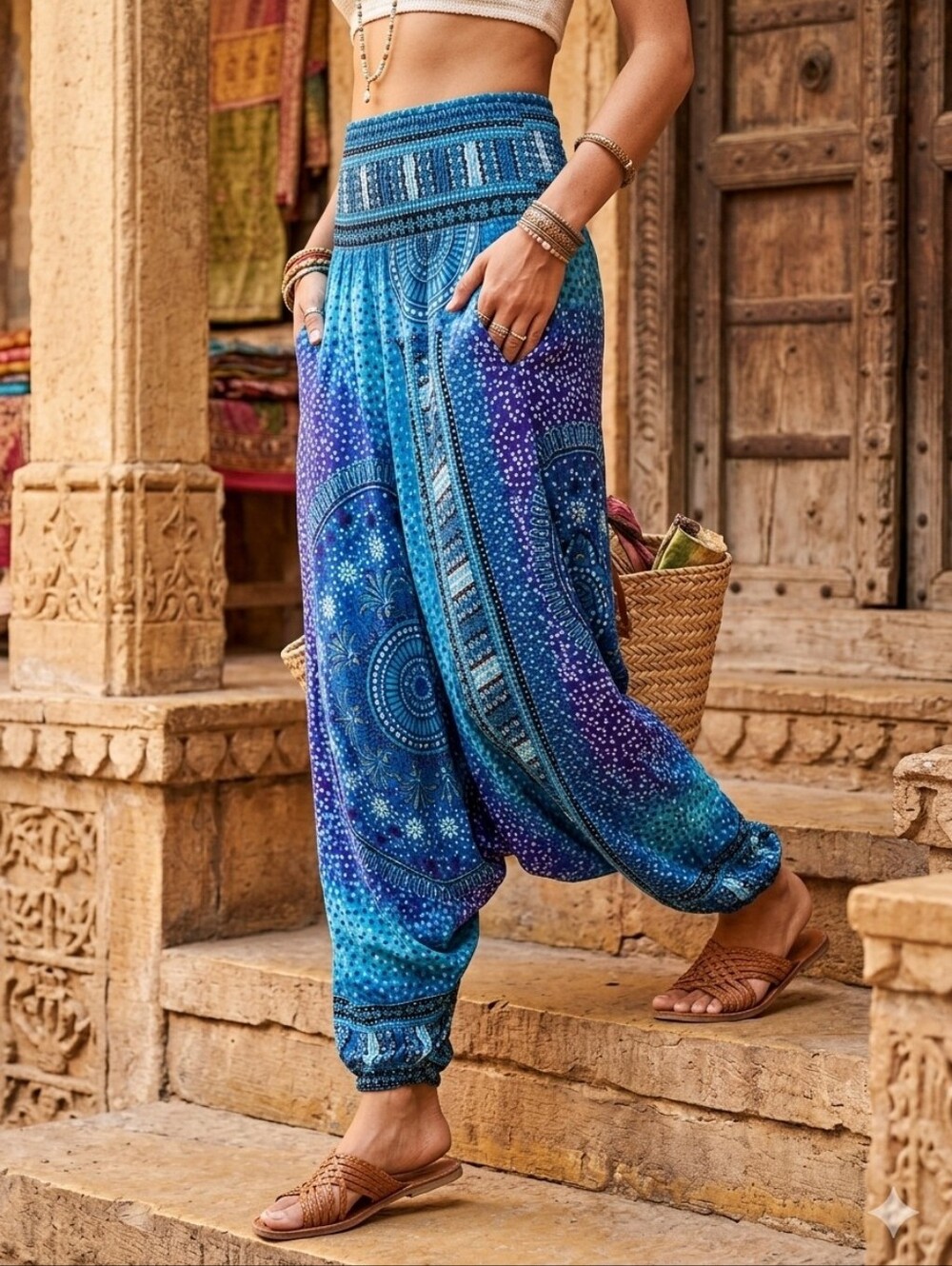 Beautiful and vibrant bohemian harem Blue And Purple pants W/Geometric Pattern